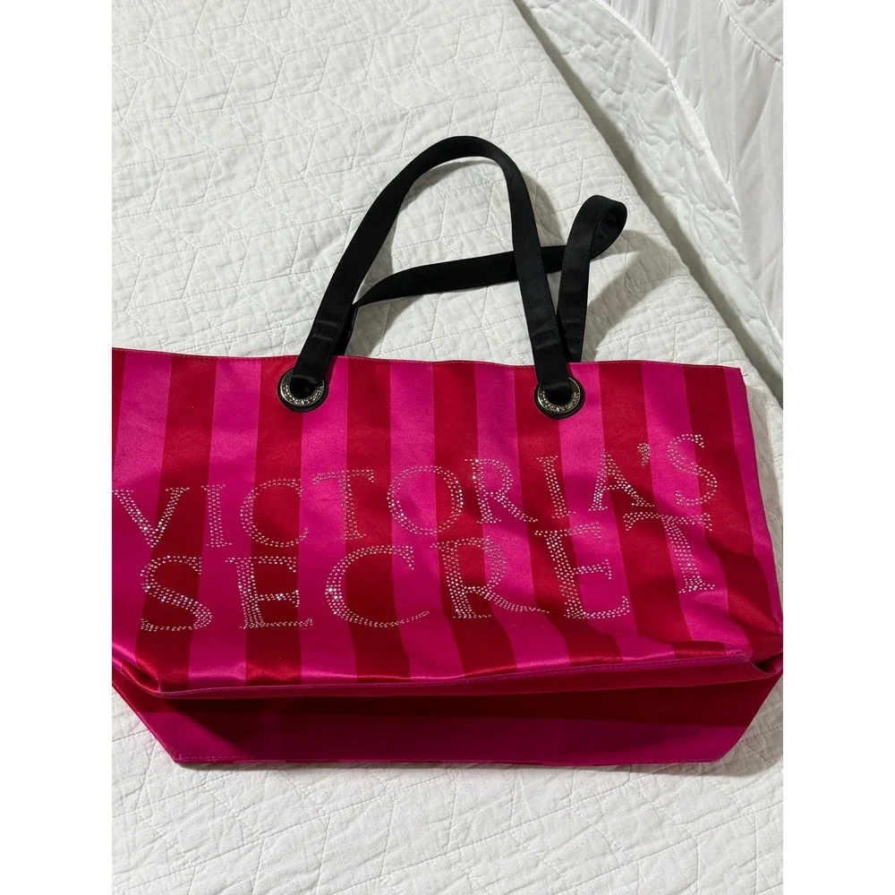 Victoria's Secret Pink Red Stripe Tote Bag Rhinestone Logo‎